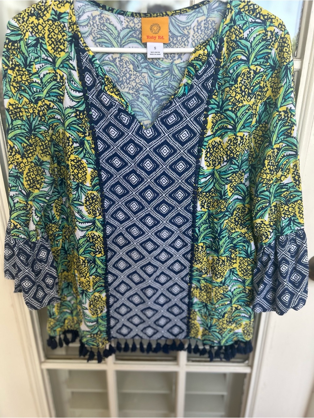 Ruby Rd. Navy, Yellow & Green Pineapple-Print V-Neck Tunic with Tassels